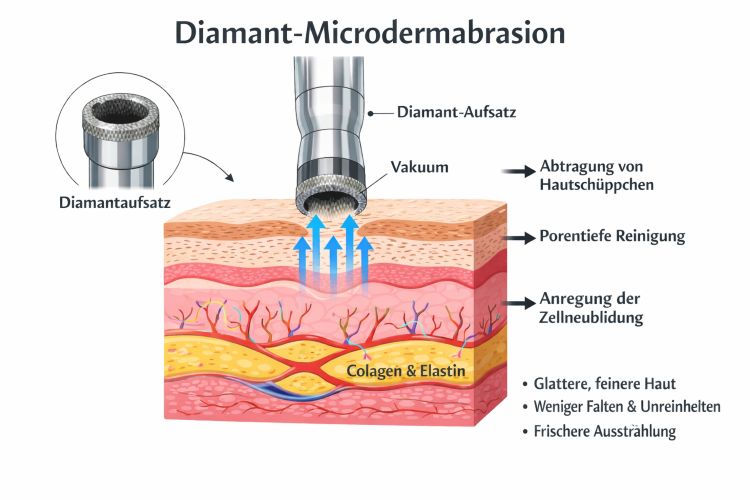 Wirkungsweise der Diamant-Microdermabrasion: kontrollierter Abtrag der Hornschicht und Absaugung bei Cosmedi Wien 1020