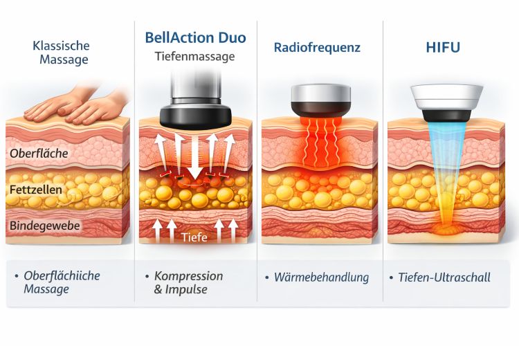 Vergleichsgrafik der BellAction Duo Tiefenmassage bei Cellulite mit klassischer Massage, Radiofrequenz und HIFU � Darstellung der Wirkung in den Hautschichten