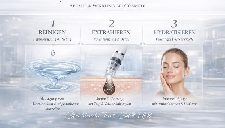 Infografik: Hydra4Face Wien 1020 bei Cosmedi – 3 Schritte: Reinigen, Extrahieren, Hydratisieren