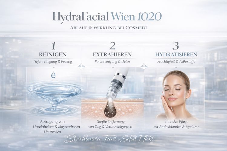 Infografik: HydraFacial Wien 1020 bei Cosmedi – 3 Schritte: Reinigen, Extrahieren, Hydratisieren