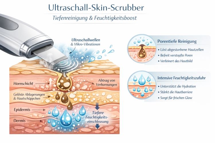 Infografik Ultraschall-Hautreinigung (Skin Scrubber): Hautschichten, Peeling-Effekt und Feuchtigkeits- bzw. Wirkstoffphase