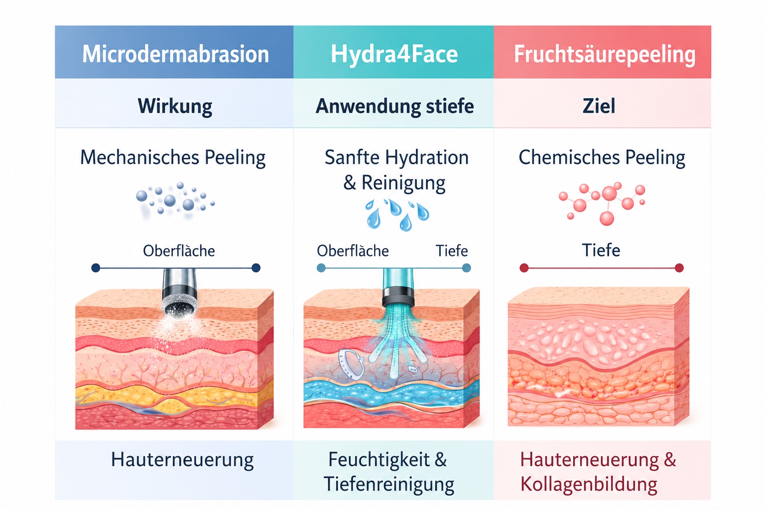 Vergleich Microdermabrasion, Hydra4Face und Fruchts�urepeeling � Unterschiede in Wirkung und Anwendungstiefe