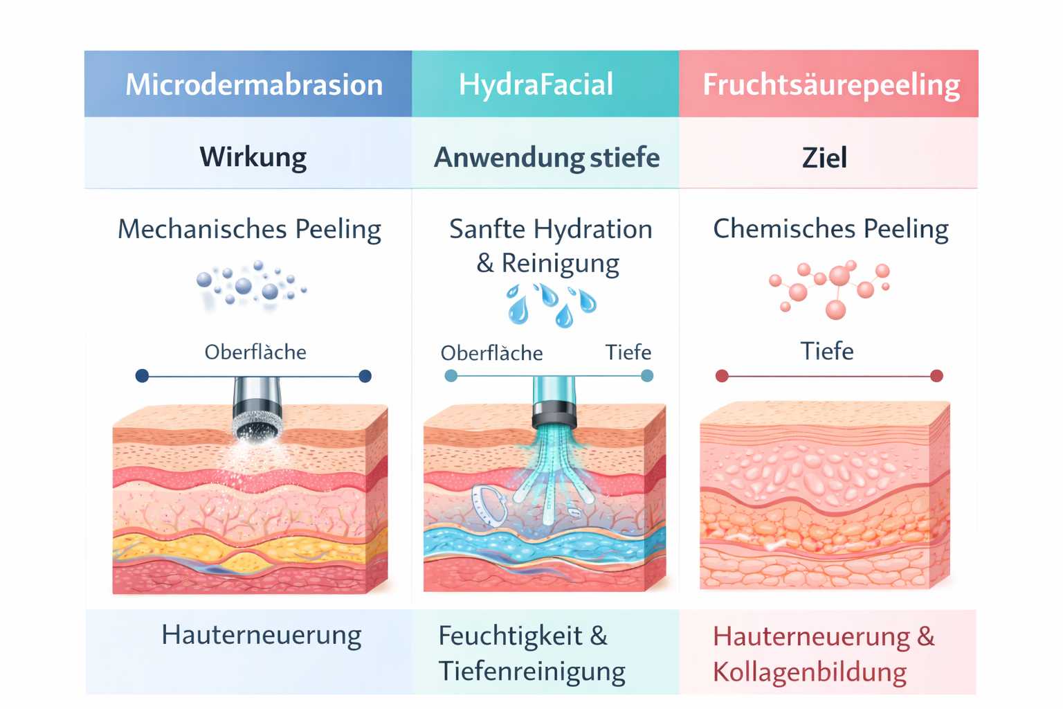 Vergleich Microdermabrasion, HydraFacial und Fruchts�urepeeling � Unterschiede in Wirkung und Anwendungstiefe