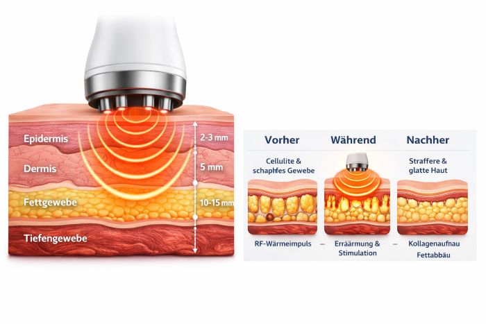Infografik: Radiofrequenz Eindringtiefe in den Hautschichten sowie Vorher-Während-Nachher Effekt bei Cellulite und Körperstraffung